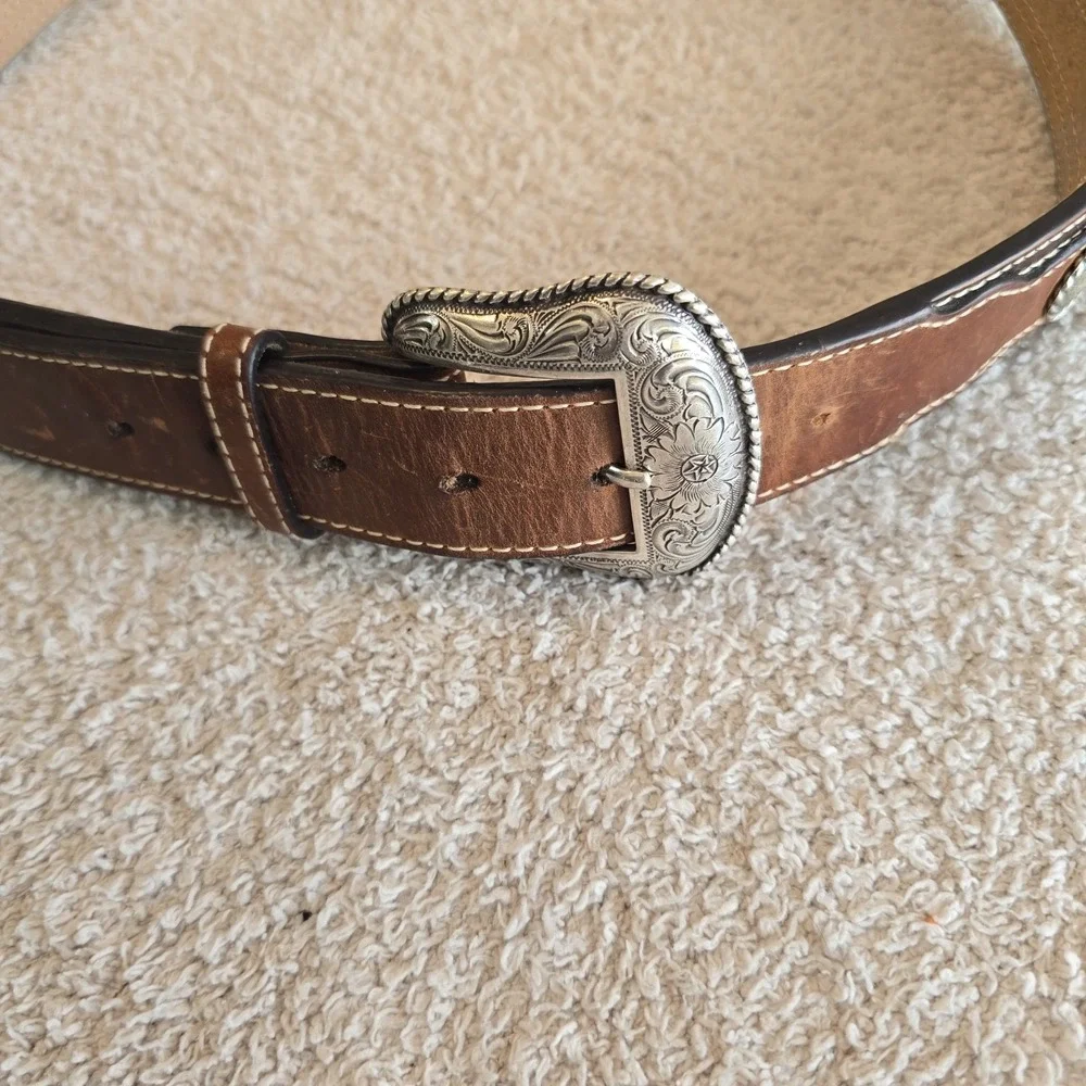 NOCONA Belt Co Unisex Sz 40 Western Beaded Leather Silver Buckle Belt Rodeo